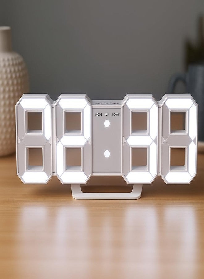 Dangfly Acrylic Digital LED Display Number Clock Table Wall Hanging Alarm Clock White (Works On Electricity) (White), 22.7x9.5 Cm - Image 1